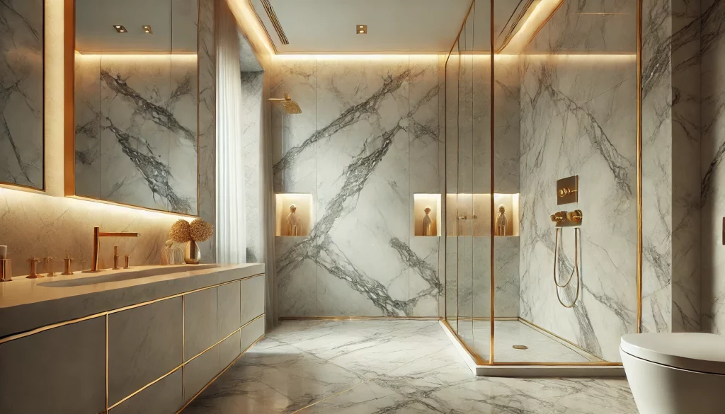 salle de bain de luxe avec carrelage effet marbre